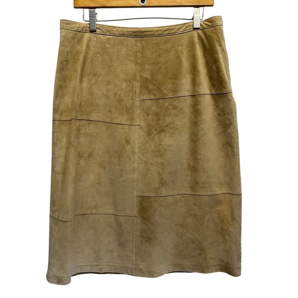 Vintage Tan Patchwork Suede Leather Midi Skirt Boho 70s Style Tan Size Large